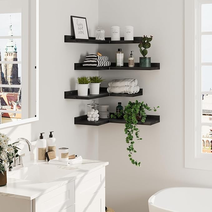 4-Tier Corner Floating Shelves, Rustic Pine Corner Shelves Wall Mounted, L-Shaped Floating Corner Shelves for Wall Storage, Creative Corner Wall Shelves for Bedroom,Bathroom&Any Room-Black