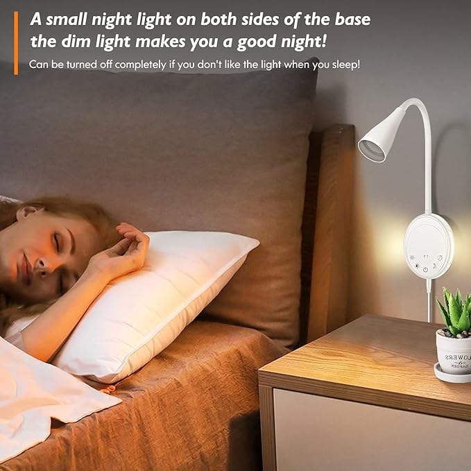 LED Wall Mount Reading Light, Bedside Reading Lights with Touch Control, 5 Dimmable, USB Output, Night Light & Timers, Flexible Gooseneck Headboard Bed Lights Wall Sconce (White-2P)
