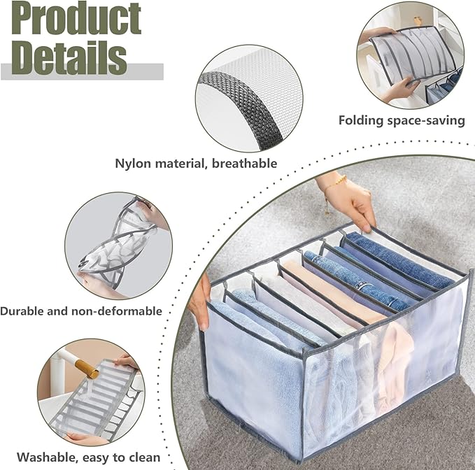 TOOVREN Wardrobe Clothes Organizer, 7 Grids, Drawer Organizers for Clothing, Foldable Closet and Storage Basket, Clothes Compartment Box, Bedroom Dorm Room, 4PCS, Gray