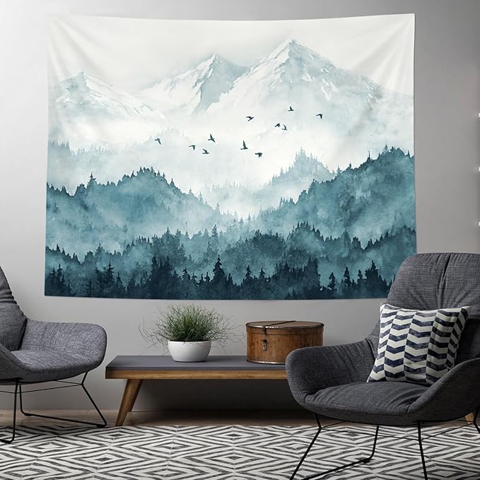 kampdream Mountain Forest Tapestry, Misty Foggy Teal Blue Tree Landscape Watercolor Art Wall Tapestries, Nature Scenery Tapestry for Bedroom Living Room Backdrop 44×60 inch