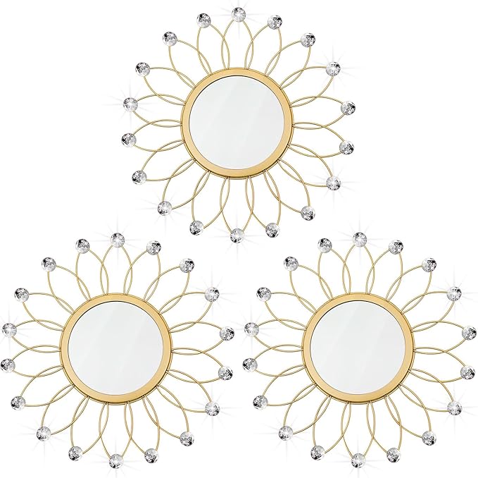 3 Pack Metal Mirrors for Wall Sunburst Wall Mirrors Home Décor Decorative Hanging Wall Art for Living Room Bedroom Entryway (Gold Crystal, Flowers)