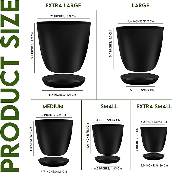 Utopia Home - Plant Pots Indoor with Drainage - 7/6.6/6/5.3/4.8 Inches Flower Pots for Indoor Planter - 5 Pack Plastic Planters - Ideal for Stocking Stuffers or Home Christmas Decorations - Black
