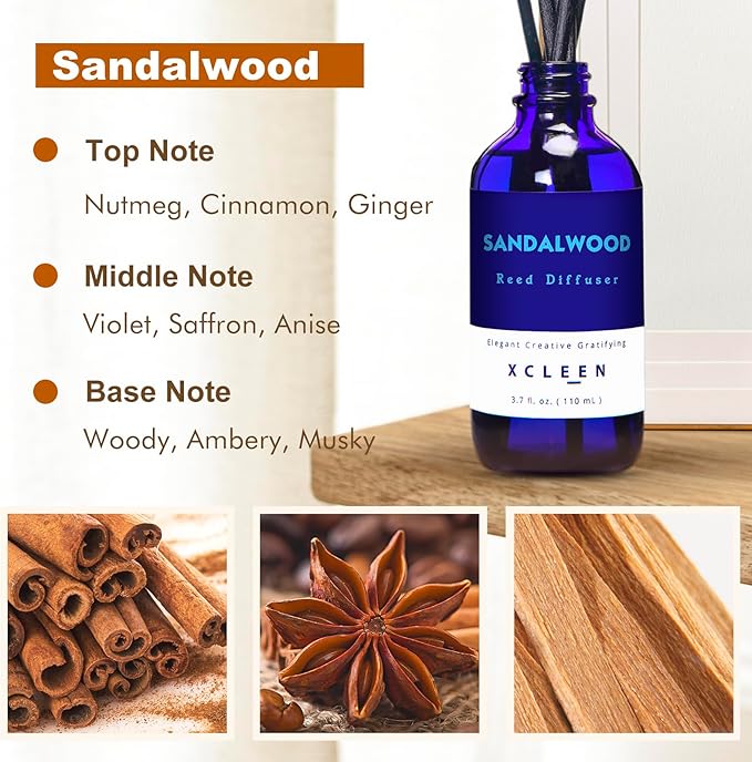 Reed Diffuser, Sandalwood Scented Reed Diffuser Set, Oil Reed Diffuser with 6 Sticks, Home Fragrance Reed Diffuser for Bathroom, Aromatherapy Diffuser for Gift, Christmas Room Decor