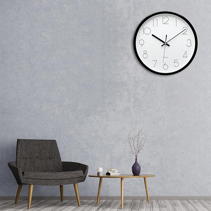 Plumeet Black Wall Clock Non Ticking Silent Quartz Round Clock Decorate Bedroom Home Kitchen Office - Battery Operated (White)