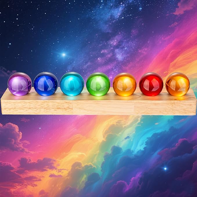 7pcs 40mm Multicolor Crystal Solid Ball Glass Spheres with LED Wooden Base Night Light Decoration Healing Sphere Balls with Stand for Home Living Room - Decorative Balls for Dinner Party Centerpiece