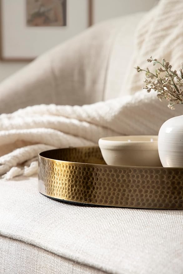 Kate and Laurel Samana Modern Glam Round Metal Tray, 17 Inch Diameter, Antique Brass, Circular Polished Decorative Tray with Hammered Surface and Minimalist Handles