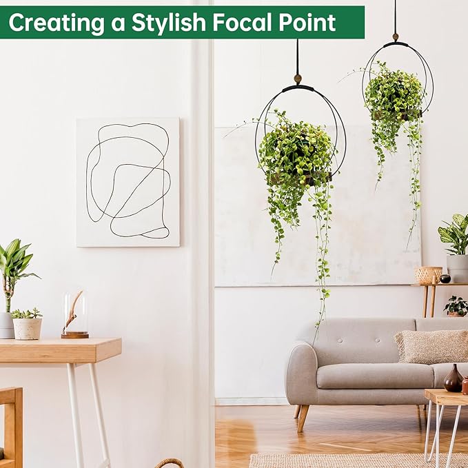 2 Pack Hanging Planter for Indoor Plants, Black Plant Hanger with Sturdy Wood Base, Modern Boho Macrame Hanger, Wall Ceiling Window Planter (Plants/Pots Not Included)