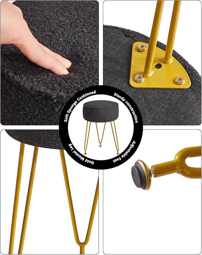 IBUYKE Teddy Velvet Round Footrest Ottoman, Makeup Vanity Side Table, Velvet Dressing Table Seat, Pouf Couch Stool for Living Room Bedroom, Black WBD009B