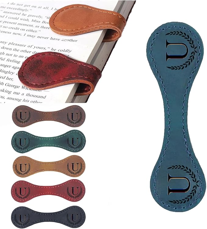 Personalized Magnetic Leather Bookmark, 26 Letters Custom Leather Bookmarks, Handmade, Leather Magnetic Bookmark for Book Lovers Readers Women Kid(Blue,U)