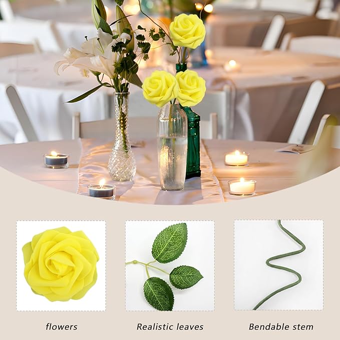 100PCS Yellow Artificial Flowers Roses Real Looking Foam Fake Roses with Leaves and for DIY Wedding Bouquets Bridal Shower Centerpieces Party Decorations (Yellow, 100)