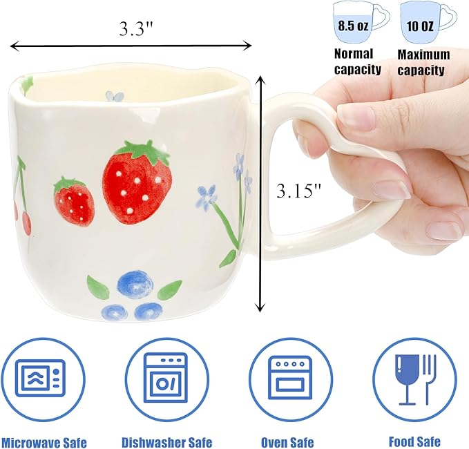 2 Pack Ceramic Coffee Mug, 10 Oz Cute Hot Chocolate Mugs with Heart Shaped Handle, Handmade Aesthetic Latte Cup for Women Girls, Tea Milk Cup Microwave Safe for Cocoa, Gift, Strawberry Floral
