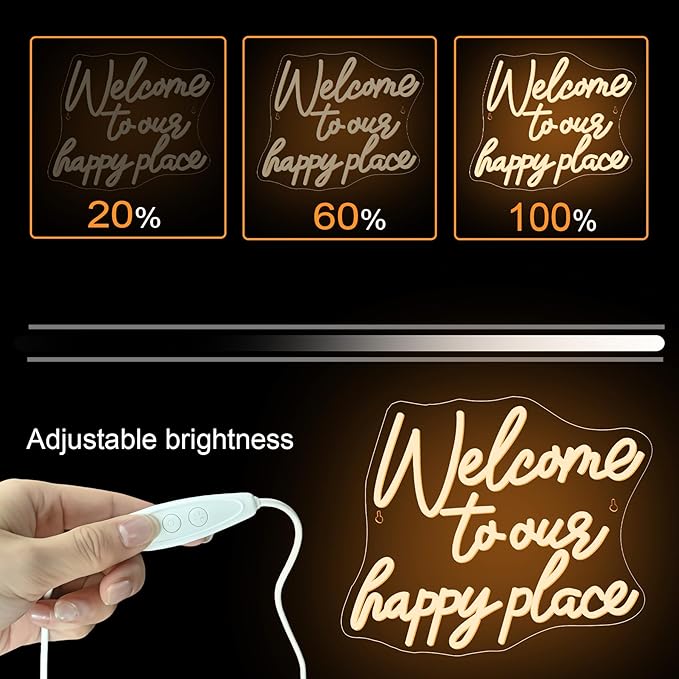 NOSUN WELCOME TO OUR HAPPY PLACE Neon Sign Happy Place Neon Signs for Wall Decor Dimmable Warm White LED Signs for Bedroom Classroom Man Cave Home Bar Birthday Party Game Zone Decor Neon Classroom Sign