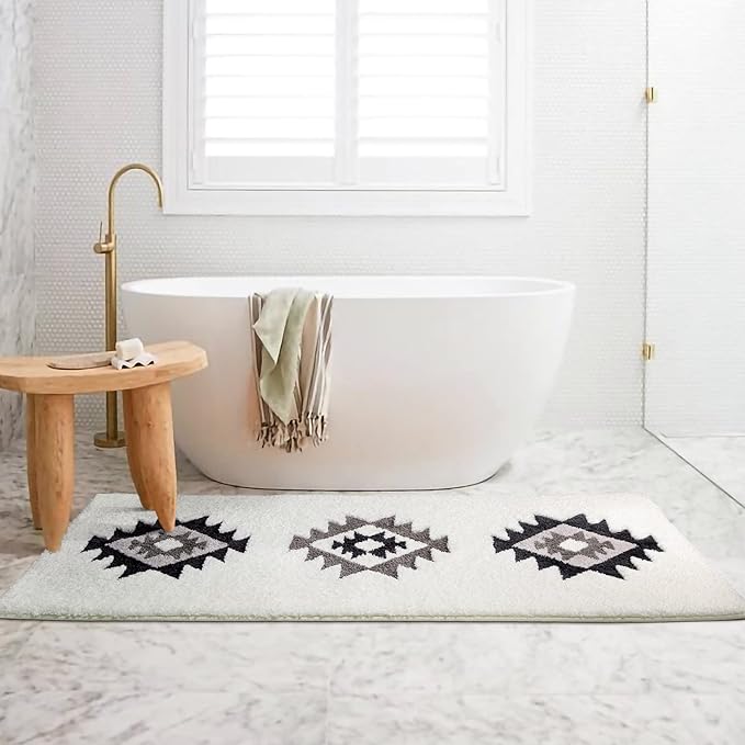 DEXDE Bathroom Runner Rugs 24x60 Boho Long Bath Mat for Bathroom Bedroom Hallway Kitchen Luxury Soft Absorbent Large Bath Rugs Bohemian Carpet Geometric Farmhouse Decor, Black White
