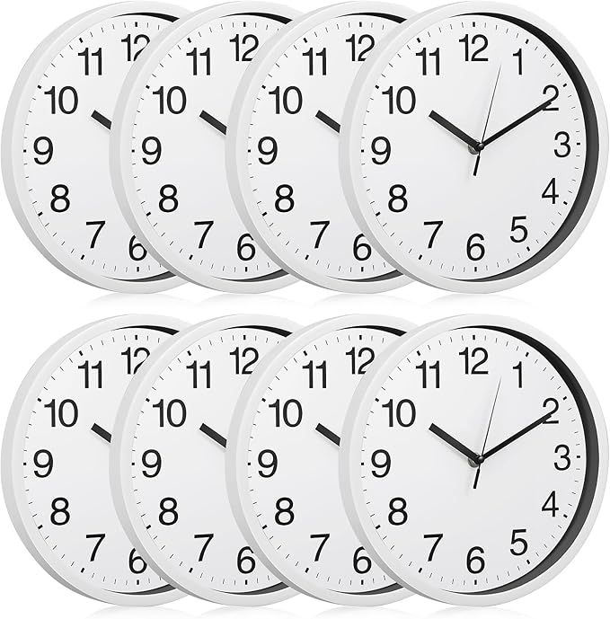 Inbagi 8 Pcs Wall Clock Large Silent Battery Operated Wall Clocks Modern Non Ticking Wall Clocks Bulk Decorative for Kitchen Office Living Room Home Bathroom Bedroom Classroom(White,12 Inch)
