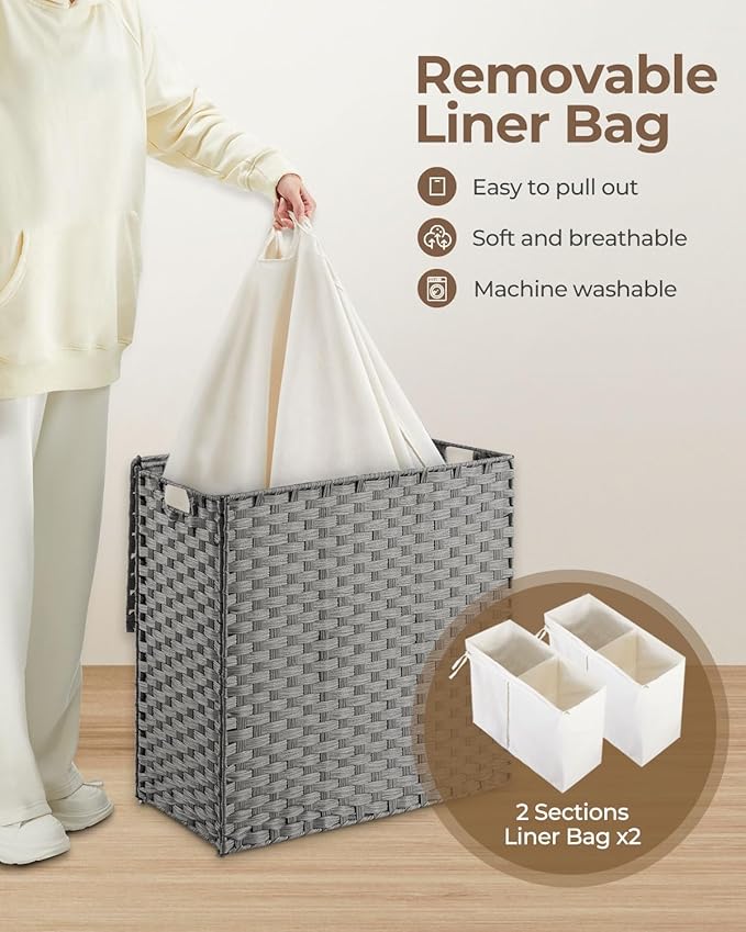Greenstell Laundry Hamper with lid, No Install Needed, 110L Wicker Laundry Baskets Foldable 2 Removable Liner Bags, 2 Section Clothes Hamper Handwoven Rattan Laundry Basket with Handles, Gray