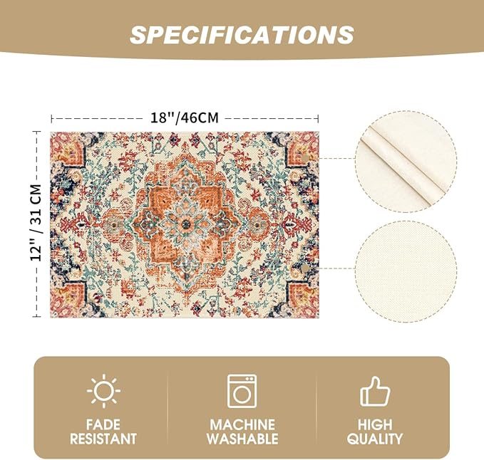 Artoid Mode Boho Placemats Set of 4, Daily Orange Teal Flowes Bohemia Table Mats for Home Party Dining Decoration 12x18 Inch
