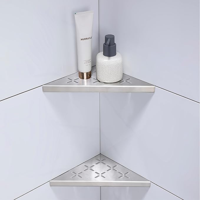 8" Corner Shower Shelf, 2-Pack Shower Shelves SUS304 Stainless Steel Bathroom Shelves for Tile Walls, Recessed Corner Shelf Organizer Rack, No Drilling (Brushed)