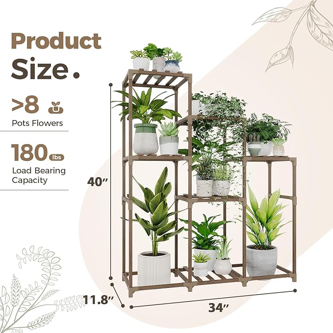 Bamworld Tall Plant Stand Indoor Wood Shelf Outdoor Tiered Rack for Multiple Flowers 5-Tier 7-Pot Ladder Holder for Plant Pots Gardening Decor