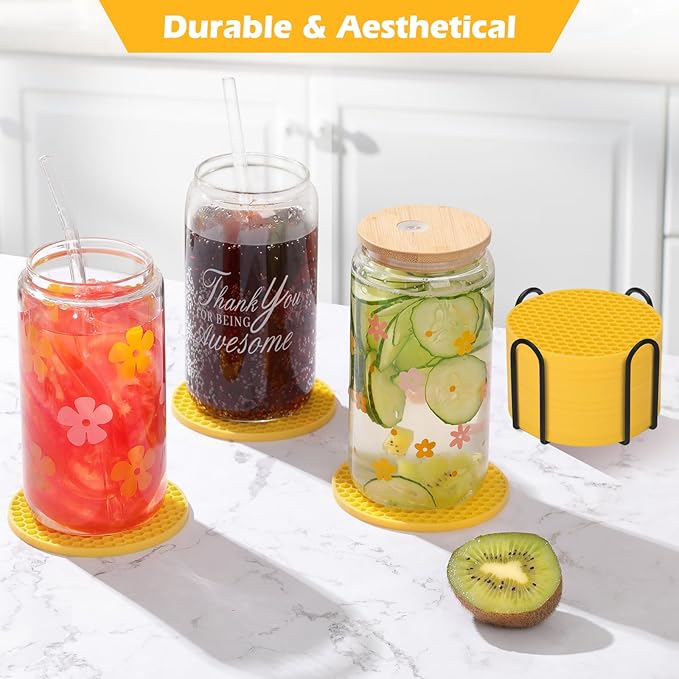 Coasters Set of 6 with Holder,Coasters for Drinks,Coffee Table Decor Coaster,Suitable for Kinds Cups,Anti-Slip,Non-Stick,Silicone Cup Coaster and Living Room Decor (6 Pcs, Yellow)