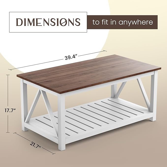 40" Farmhouse Coffee Table | Vintage Rustic Wooden Coffee Table with Lower Shelf for Living Room, Dorm, Office, Bedroom Center Table - Brown