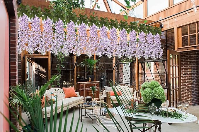 RECUTMS Artificial Lilac Flowers Garland 33.5in Faux Hanging Wisteria Vines 6Pcs Fake Silk Lilac Floral Decoration for Home Garden Wedding Arch Birthday Party Indoor Outdoor (Purple)