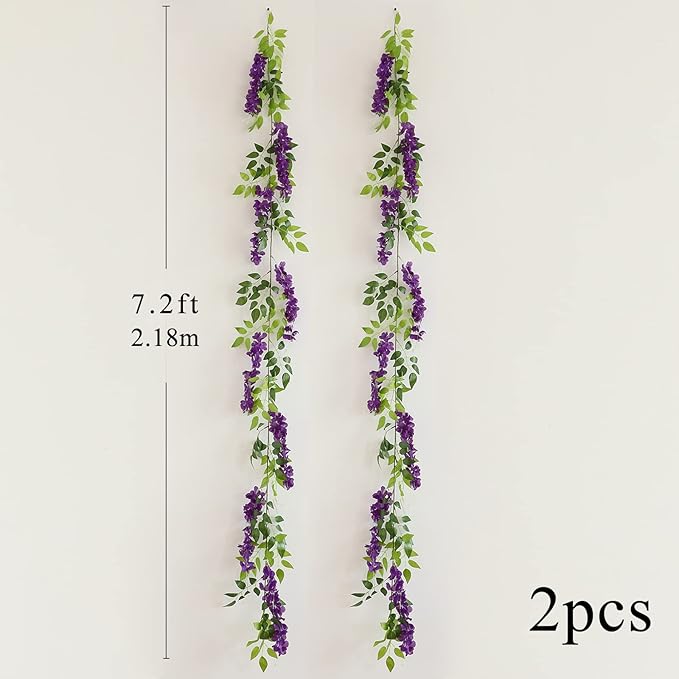 Wisteria Artificial Flowers Garland, 2Pcs Total 14.4ft Silk Faux Wisteria Vine Kit, Hanging Flower Plant for House Outdoor Garden Ceremony Outside Wedding Arch Floral Decor (2, Purple)