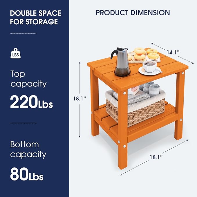 KINGYES Outdoor Side Table Set of 2, Double Layer Adirondack End Table- Orange