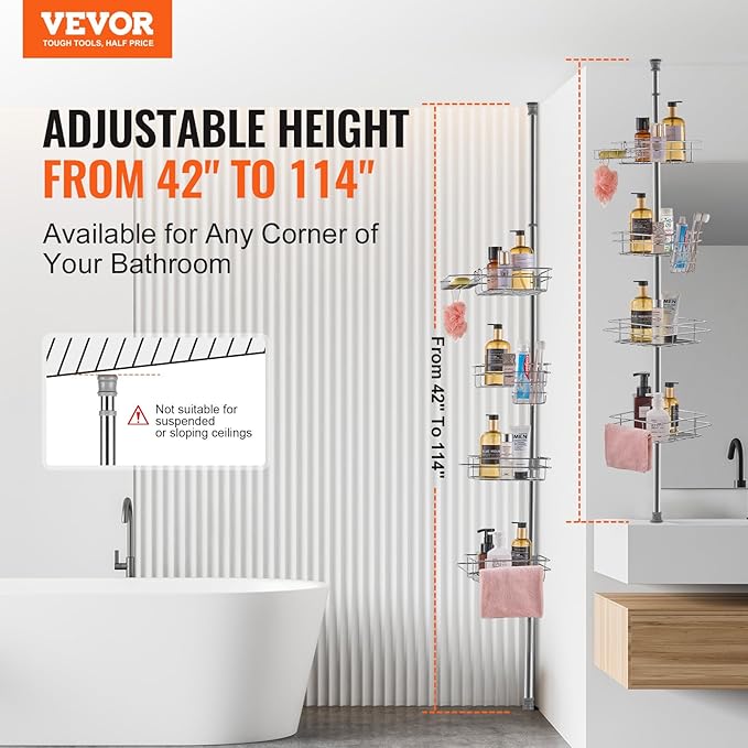VEVOR Shower Corner Caddy Tension Pole, 42" to 114" High, Multi-Functional Shower Tension Pole with Strong Load-Bearing Tray, Rust-Proof Easy-to-Install, Fit for Bathroom & Washroom