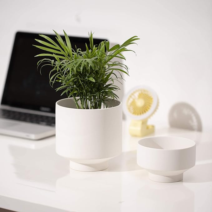 UBEE Plant Pot for Indoor Plants | 5.43 + 4.61 Inch Ceramic Flower Pot | Small Planter Pots with Drainage Hole and Saucer for Herb, Cactus and Orchid, 2 Set, White