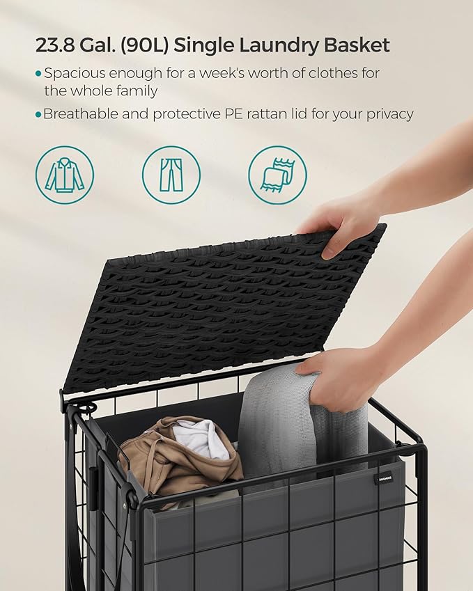 SONGMICS Laundry Hamper, 90L Laundry Basket with Lid, Clothes Hamper with Wheels, Collapsible Removable Liner Bag, Iron-Made Laundry Sorter, Ink Black and Slate Gray ULCB290B11