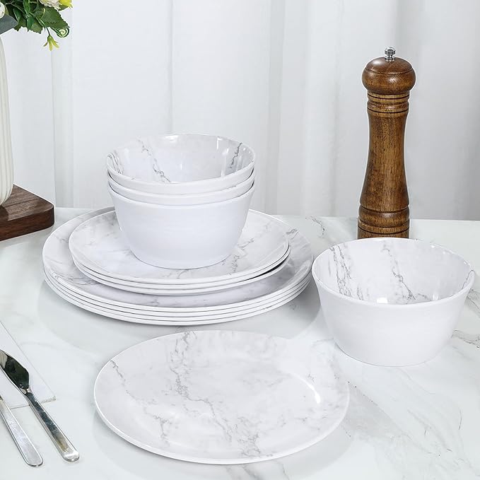 12-Piece Melamine Dinnerware Sets, Modern White Round Dish Set for 4 - Serving Plates and Bowls Sets for Snack, Dessert, Salad, Soup, Pasta - White Marble Pattern