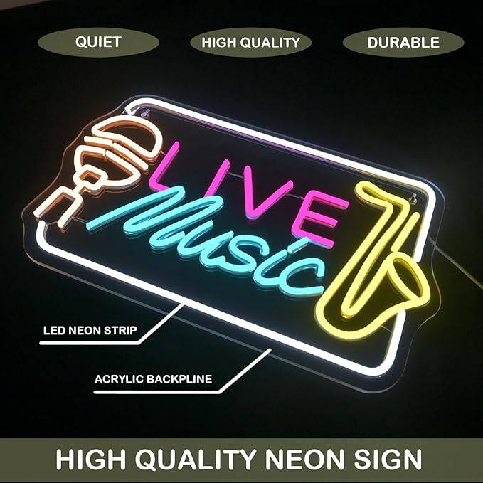 Live Music Neon Sign Bright LED Wall Decoration for Music Venues, Bars, Clubs or Homes, USB Power Adjustable Brightness, Classic Song Theme Decoration