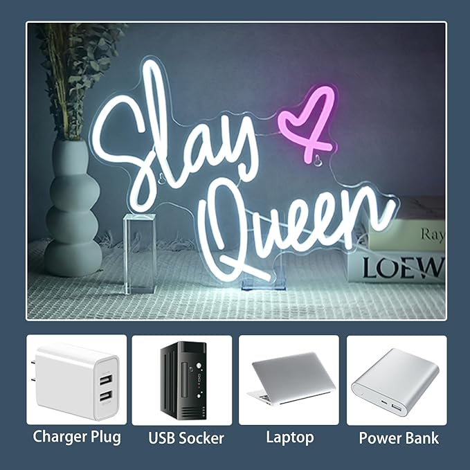 Slay Queen Neon Sign White Led Neon Signs Preppy Room Neon Lights For Wall Decor Dimmable Light Up Sign For Bedroom Bar Party Y2k Club Dorm Decoration Girls Gifts (15.7 * 12.6in)
