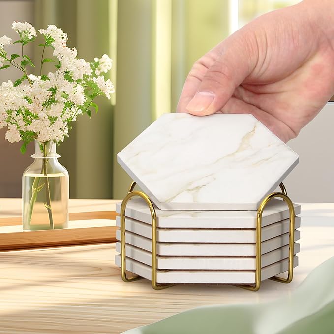 6Pcs White Marble Coaster Set with Holder Hexagon Ceramic Coasters Absorbent Coasters Drink Coasters Set for Coffee Table Bar Coasters Wine Coasters Modern Coasters Beer Coasters Cup Coasters