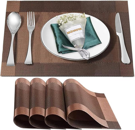 Placemats Set of 4,Washable,Heat and Stain Resistant Indoor/Outdoor Place mats, Vinyl Woven Non Slip Table Mats for Restaurant Table Protection, PVC Table Placemats.(Brown, 4PCS)