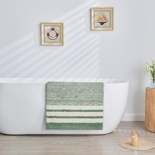 CozeCube Sage Green Striped Bath mats for Bathroom Non Slip, Fluffy Absorbent Microfiber Bath mat Washable, Aesthetic Bathroom Rugs, Large Bath mat for Sink, 36" x 24"