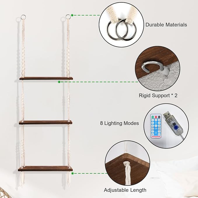 Hanging Shelf with Vine Lights(USB Powered), Macrame Shelf, Wall Shelf with Handmade Ropes, 3 Tier Floating Shelf, Boho Room Decor Aesthetic for Succulents, Bedroom, Living Room, Bathroom