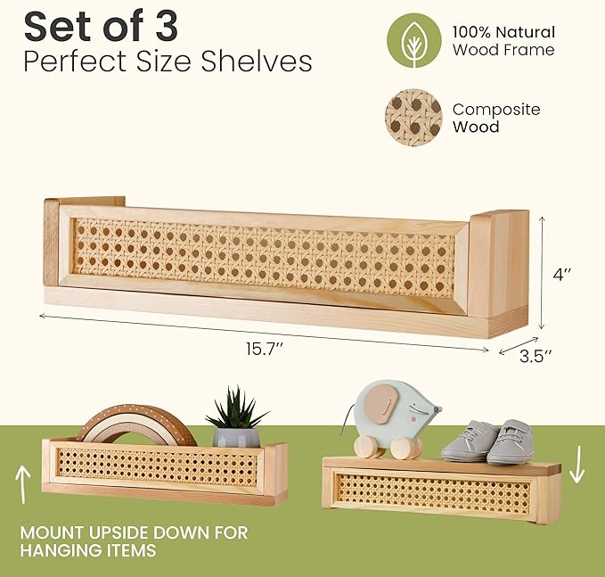 Rattan Floating Shelf Set of 3, Nursery Book Shelves for Wall Decor in Boho Style, Wall Shelf for Kids, Baby Bookcase for Nursery, Floating Book Shelves for Playroom, Wicker Wall Shelf
