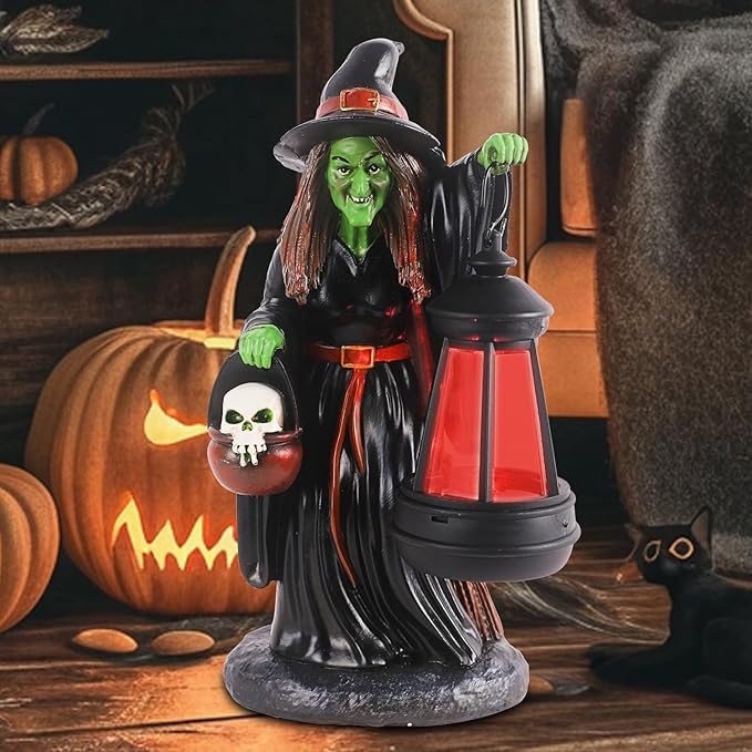 Witch Halloween Decorations with Solar Lantern - Unique Resin Witch Figurine, Ideal Gift for Halloween Lovers, Outdoor Yard Garden Decoration
