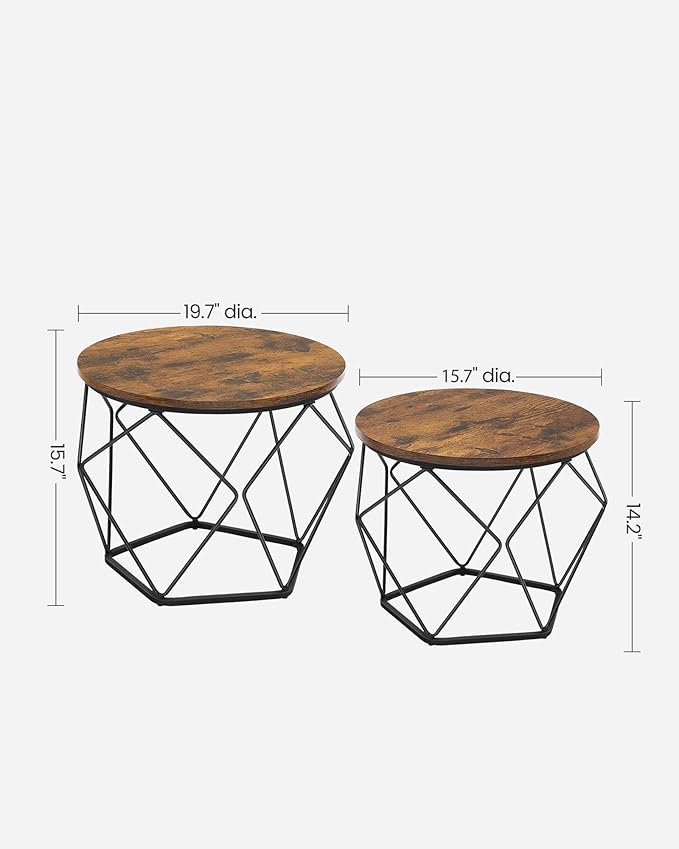 VASAGLE Small Coffee Table Set of 2, Round Coffee Table with Steel Frame, Side End Table for Living Room, Bedroom, Office, Rustic Brown and Ink Black