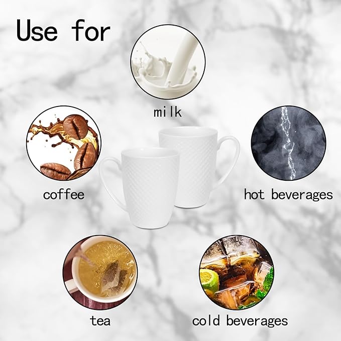 12 Oz Coffee Mugs Set of 6, Fine Bone China Mugs, White Ceramic Coffee Cups Set, Rhombus Relief Texture Coffee Mugs for Latte, Tea, Hot Cocoa, Women, Men