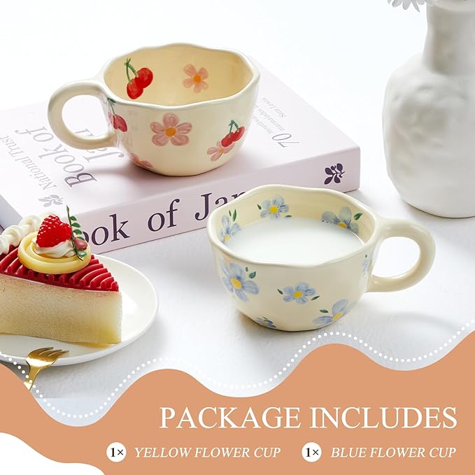 Vesici 2 Pcs Ceramic Coffee Mugs Flower Cups with Spoon Vintage Floral Mugs with Handle 8.5 oz Aesthetic Tea Porcelain Cup Gift for Valentine Office Home, Dishwasher and Microwave Safe(Lovely)