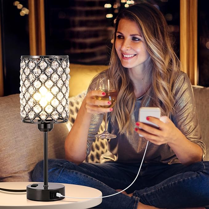 Hong-in Black Table Lamps Set of 2-3-Way Dimmable Nightstand Desk Lamp with USB C and A Ports and AC Outlet,Modern Bedside Table Light for Bedroom(Bulbs Included)