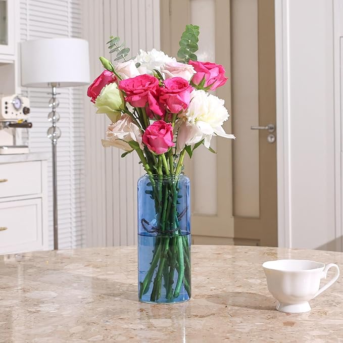 ComSaf Glass Flower Vase, 8 Inch Tall Bud Vases, Home Decor Vases for Centerpiece for Living Room and Bedroom, Decorative Vases for Wedding, Valentines' Day, Mother's Day (Blue)