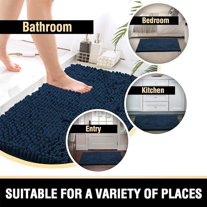 H.VERSAILTEX Bathroom Mats - Non Slip Luxury Chenille Bath Rugs, Extra Soft Absorbent Shaggy, Fast Dry - Sets of 2 (Navy, 24" x 36"/20" x 32")