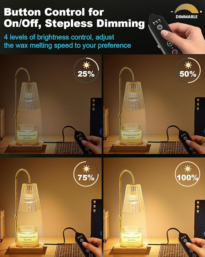 Candle Warmer Lamp with Timer - Upgraded Wax Warmer Lamp with Dimmable, Adjustable Height - Electric Candle Burner for Any Size Jar, Ideal Gift (Bulbs Included), Clear Amber