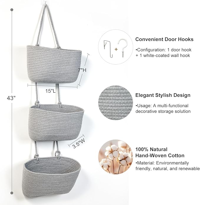 DULLEMELO Wall Hanging Basket for Home Decor 3-Tier Woven Cotton Wall-Mounted Hanging Storage Basket, Decorative Woven Storage Basket with Door Hooks, Gray