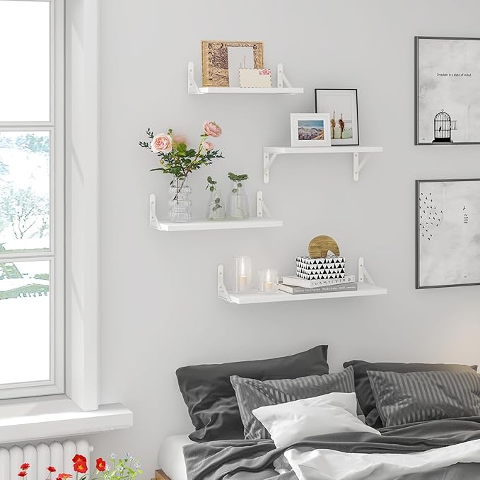 YGEOMER Floating Shelves for Wall, Different Sizes White Wall Shelves for Living Room, Bathroom, Bedroom, Kitchen, Home Decor (Set of 4)