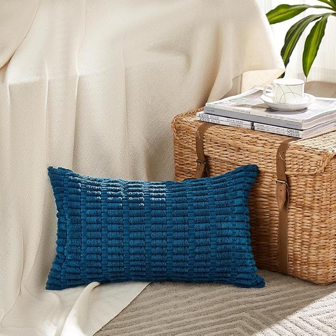 Fancy Homi 4 Packs Teal Lumbar Decorative Throw Pillow Covers 14x24 Inch for Living Room Couch Bed Sofa, Farmhouse Boho Home Decor, Soft Striped Corduroy Rectangle Cushion Case 35x60 cm