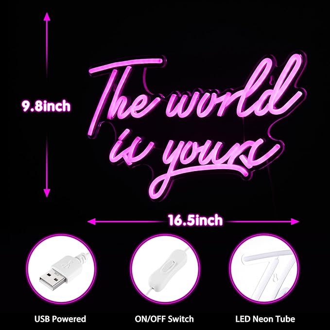 Kavaas The World Is Yours Neon Signs 16.5" x 9.8", Pink LED Neon Sign Wall Decor | The World Is Yours Led sign for Bedroom, Office, Game Room, Graduation Party, Birthday